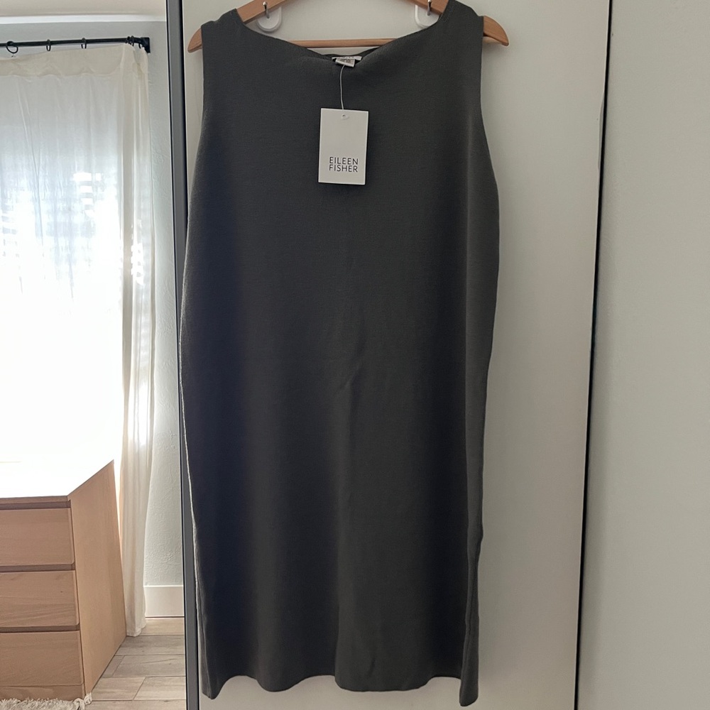 Eileen Fisher Sz L Charcoal 100% Wool Sweater Dress Quiet Luxury Dress Business